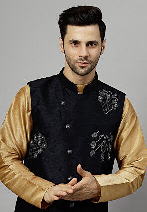 Embroidered Dupion Silk Nehru Jacket in Black