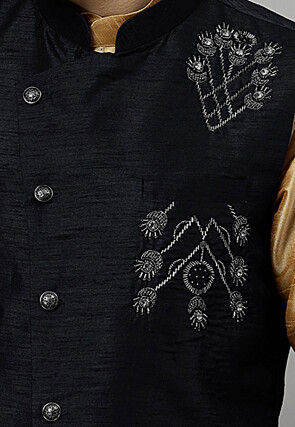 Embroidered Dupion Silk Nehru Jacket in Black