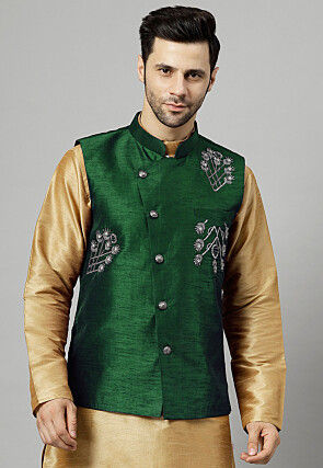 Embroidered Dupion Silk Nehru Jacket in Dark Green