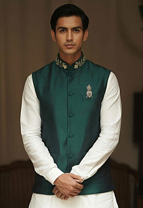 Embroidered Dupion Silk Nehru Jacket in Dark Green