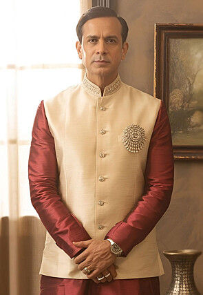 Embroidered Dupion Silk Nehru Jacket in Light Beige