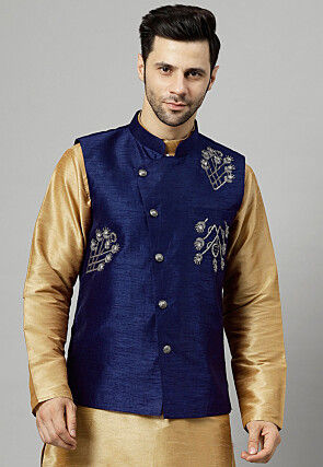 Embroidered Dupion Silk Nehru Jacket in Navy Blue