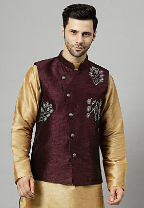 Embroidered Dupion Silk Nehru Jacket in Wine