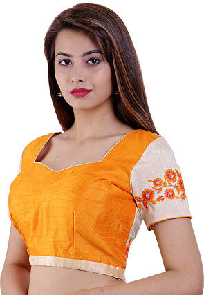 Embroidered Dupion Silk Padded Blouse in Orange and Beige