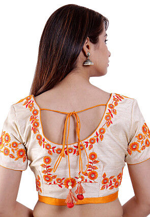 Embroidered Dupion Silk Padded Blouse in Orange and Beige