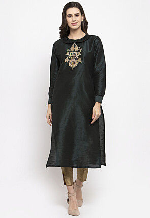 Embroidered Dupion Silk Pakistani Suit in Black