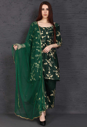 Embroidered Dupion Silk Pakistani Suit in Dark Green