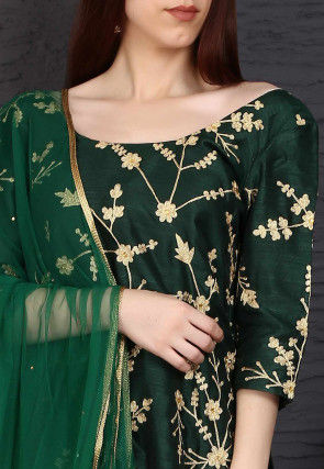 Embroidered Dupion Silk Pakistani Suit in Dark Green
