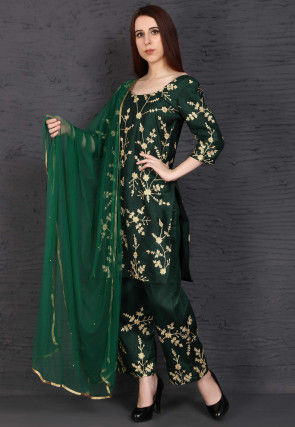 Embroidered Dupion Silk Pakistani Suit in Dark Green