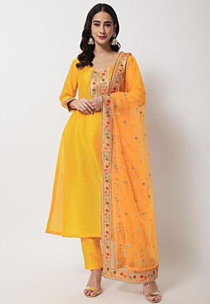 Embroidered Dupion Silk Pakistani Suit in Dark Yellow