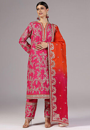 Embroidered Dupion Silk Pakistani Suit in Fushia pink