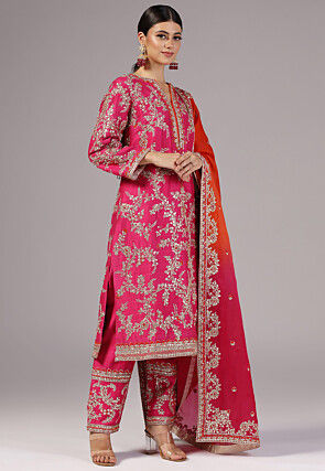 Embroidered Dupion Silk Pakistani Suit in Fushia pink
