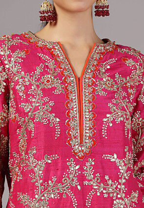 Embroidered Dupion Silk Pakistani Suit in Fushia pink