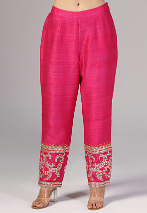 Embroidered Dupion Silk Pakistani Suit in Fushia pink
