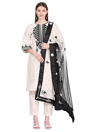 Embroidered Dupion Silk Pakistani Suit in Off White