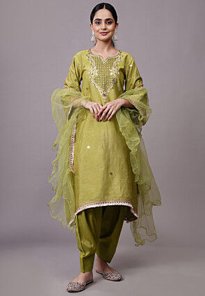 Embroidered Dupion Silk Pakistani Suit in Olive Green
