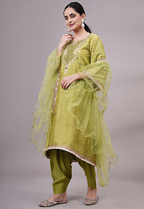 Embroidered Dupion Silk Pakistani Suit in Olive Green