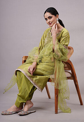 Embroidered Dupion Silk Pakistani Suit in Olive Green