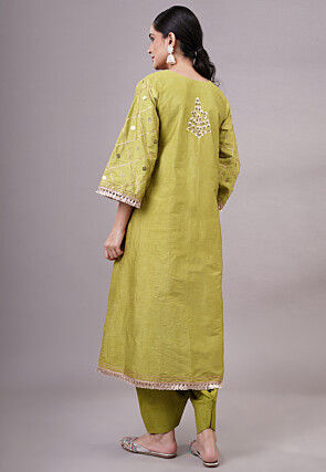 Embroidered Dupion Silk Pakistani Suit in Olive Green