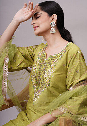 Embroidered Dupion Silk Pakistani Suit in Olive Green