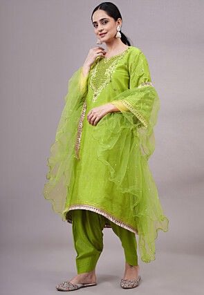 Embroidered Dupion Silk Punjabi Suit in Green
