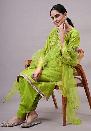 Embroidered Dupion Silk Punjabi Suit in Green