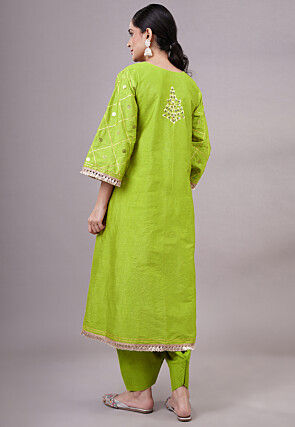 Embroidered Dupion Silk Punjabi Suit in Green