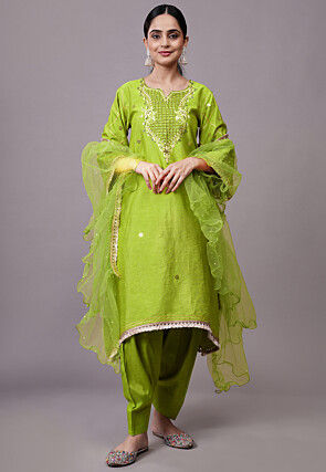 Embroidered Dupion Silk Punjabi Suit in Green