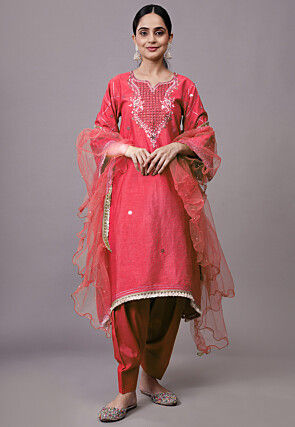 Embroidered Dupion Silk Punjabi Suit in Pink