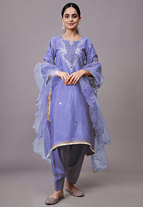 Embroidered Dupion Silk Punjabi Suit in Purple