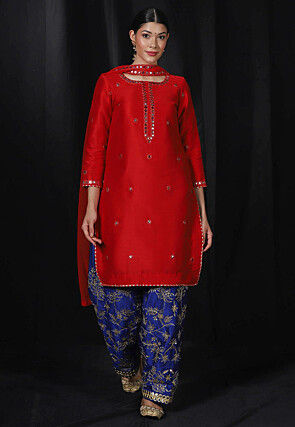 Embroidered Dupion Silk Punjabi Suit in Red
