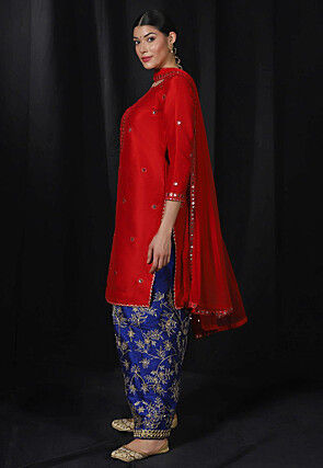 Embroidered Dupion Silk Punjabi Suit in Red