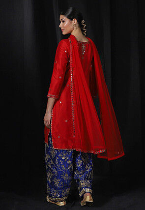 Embroidered Dupion Silk Punjabi Suit in Red