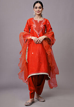 Embroidered Dupion Silk Punjabi Suit in Red