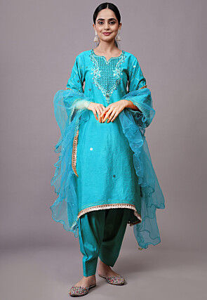 Embroidered Dupion Silk Punjabi Suit in Sky Blue