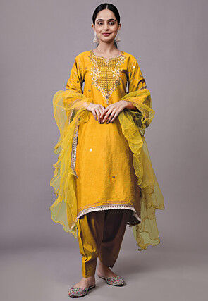 Embroidered Dupion Silk Punjabi Suit in Yellow
