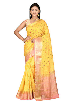 Embroidered Dupion Silk Saree in Yellow