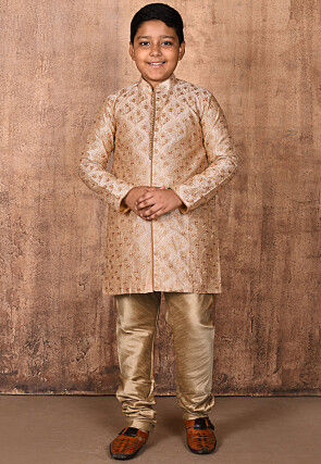Embroidered Dupion Silk Sherwani in Beige