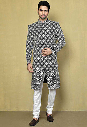 Embroidered Dupion Silk Sherwani in Black