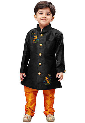 Embroidered Dupion Silk Sherwani in Black
