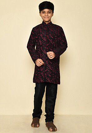 Embroidered Dupion Silk Sherwani in Black