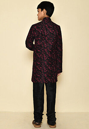 Embroidered Dupion Silk Sherwani in Black