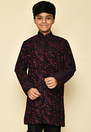 Embroidered Dupion Silk Sherwani in Black
