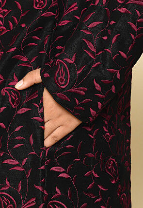 Embroidered Dupion Silk Sherwani in Black