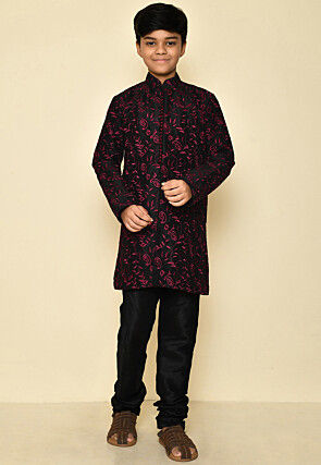 Embroidered Dupion Silk Sherwani in Black