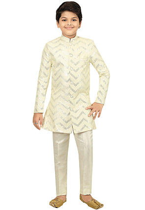 Embroidered Dupion Silk Sherwani in Cream