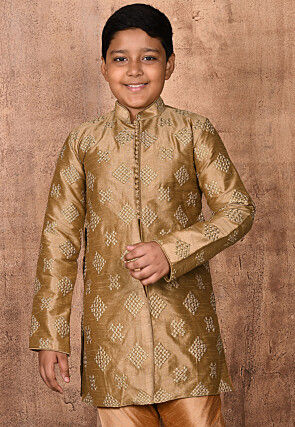 Embroidered Dupion Silk Sherwani in Dark Beige