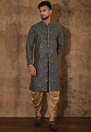 Embroidered Dupion Silk Sherwani in Dark Green