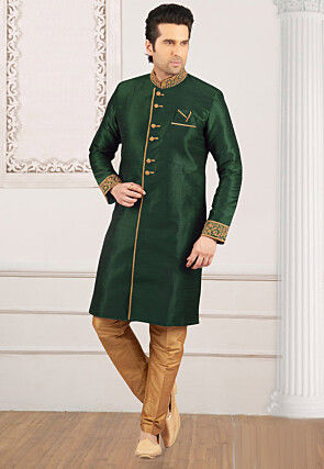 Embroidered Dupion Silk Sherwani in Dark Green