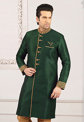 Embroidered Dupion Silk Sherwani in Dark Green
